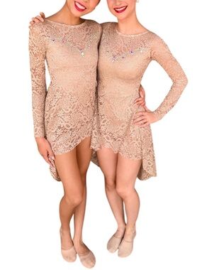 Custom Nude Lace Long-Sleeve Dance Dress with Rhinestone Accents